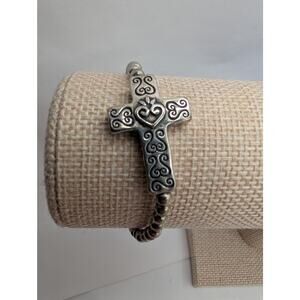 Premier Designs Religious Cross Heart Charm Beaded Stretch Bracelet Silver Tone